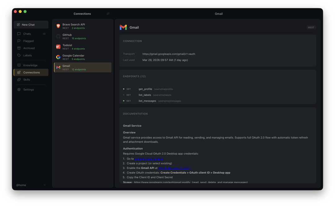 Sparky service connections with Gmail, GitHub, Todoist